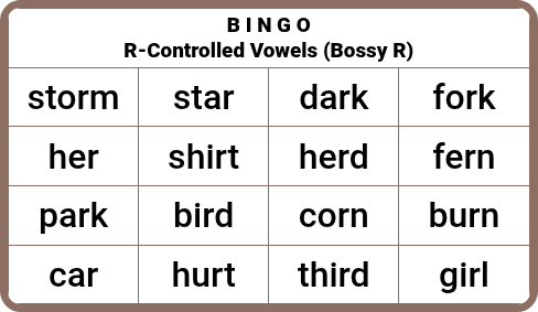 R-Controlled Vowels (ar, er, ir, or, ur) - Bingo Cards