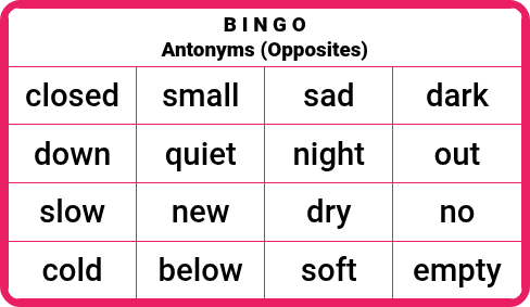 Antónimos y opuestos en inglés - Bingo