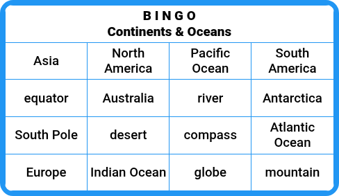 Continents & Oceans - Geography Bingo