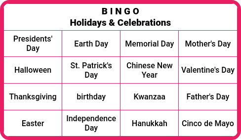 Holidays & Celebrations - Cultural Bingo