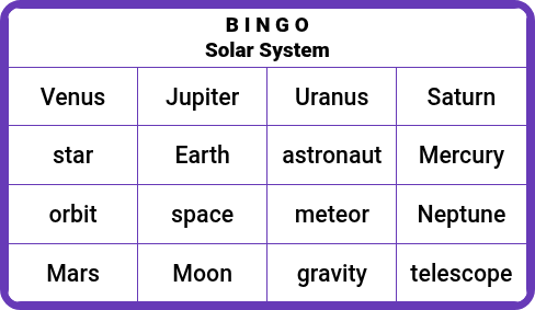 Solar System - Space Science Bingo