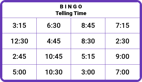 Telling Time - Bingo Cards